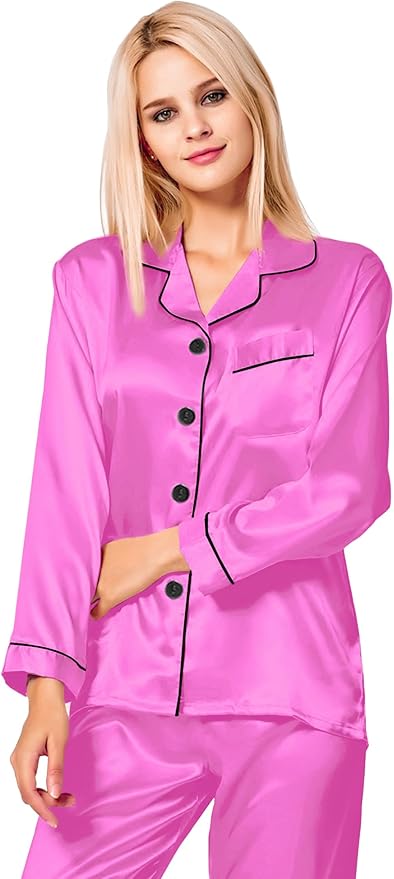 SWOMOG Womens Silk Satin Pajamas Set Long Sleeve Button Down Sleepwear 2 Piece Lounge Set Pj Set XS-3XL