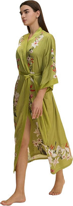 Kihnop Women's Floral Long Kimono Robe Long Satin Robe Long Silk Robe Ladies Kimonos Silky Bathrobe Cover Up, One Size