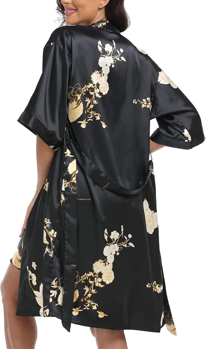 Women's Satin Robe Sets 2 Piece Nightgown Silk Pajama Sexy Floral Lingerie Lace Cami Sleepwear Night Robes