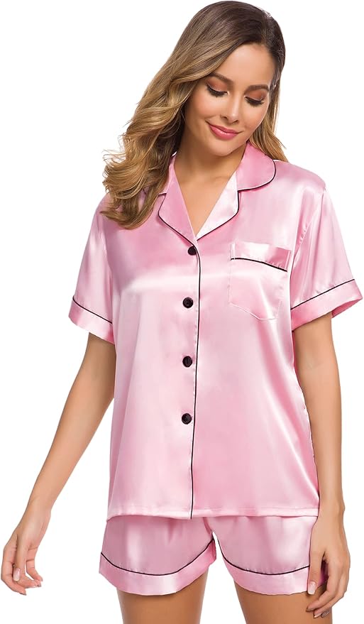 SWOMOG Womens Silk Satin Pajamas Set Short Sleeve Sleepwear Button Down Top and Shorts Loungewear 2 Piece Pjs Set XS-3XL