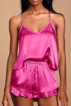 CHYRII Women's Sexy Silk Satin Ruffled Pajamas Sets Cami Shorts Sets Sleepwear