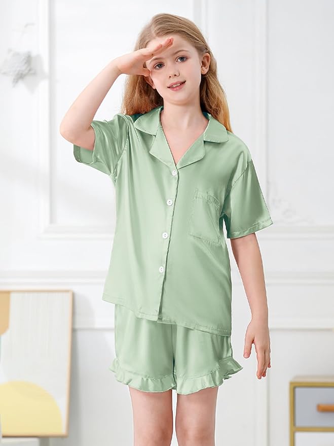 Umeyda Girls & Women Satin Pajamas Set Button Down 2 Piece Silk Pjs Shorts Set Ruffle Sleepwear, 5 Years-Women L