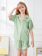 Umeyda Girls & Women Satin Pajamas Set Button Down 2 Piece Silk Pjs Shorts Set Ruffle Sleepwear, 5 Years-Women L