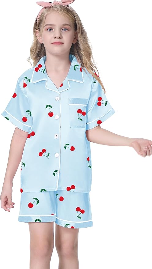Umeyda Women & Girls Pajamas Set, Soft Satin Lightweight Silk Button-Down Top with Shorts 2 Piece PJS for Mom Boys Kids Gifts