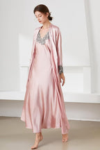 FEOYA Women's 2 Piece Satin Nightgown and Robe Sexy Silk Lace Pajamas Set Long V Neck Sleepwear for Ladies