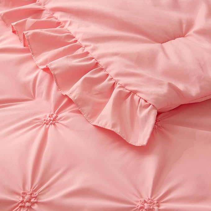 BEDELITE Pink Twin Comforter Set - 2 Peices Boho Ruffle Pintuck Bedding Comforter Sets, Lightweight Soft & Warm Twin Bedding Sets with 1 Pillowcase for All Season