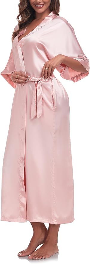Womens Long Silky Robe Satin Kimono Robes Silk Bathrobe for Wedding Party Full Length Dressing Gown