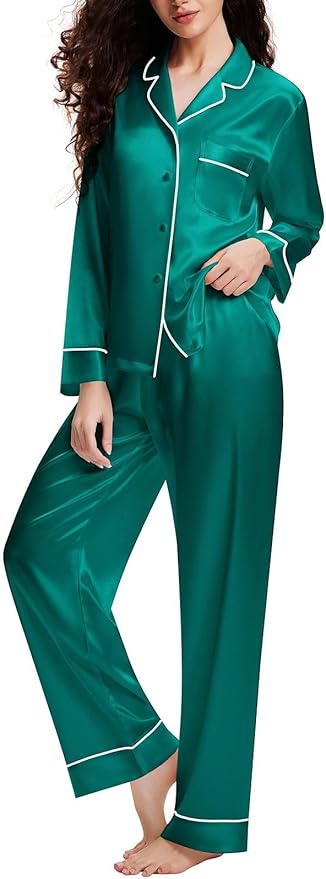 Lonxu Silk Satin Womens Pajama Sets Button Down Sleepwear Loungewear XS~3XL