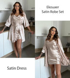 Ekouaer Women's Satin Robe Set Nightgown with Robes Silk Pajama Set 2 Pieces Lingerie Cowl Neck Cami Sleepwear Sets