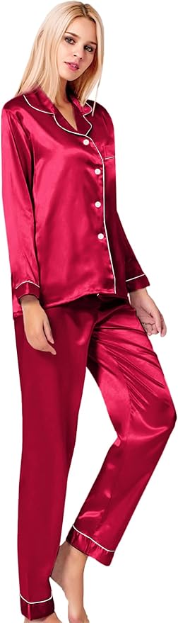 SWOMOG Womens Silk Satin Pajamas Set Long Sleeve Button Down Sleepwear 2 Piece Lounge Set Pj Set XS-3XL