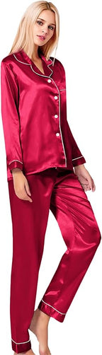 SWOMOG Womens Silk Satin Pajamas Set Long Sleeve Button Down Sleepwear 2 Piece Lounge Set Pj Set XS-3XL