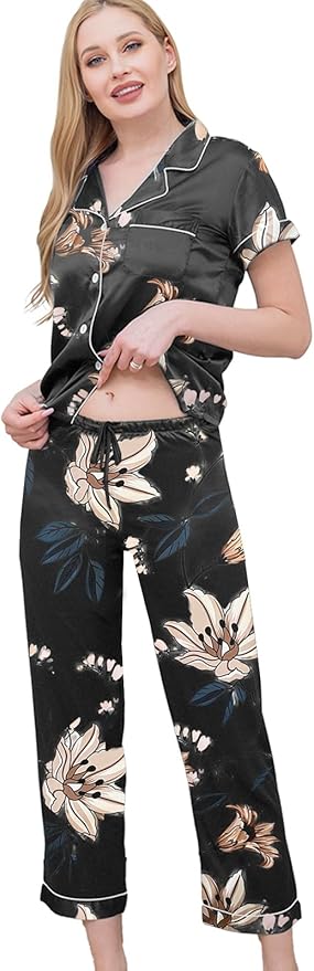 WJing Yi Jia Womens Pajamas Set XS-4XL Floral Silk Satin Pajama Sets Silky Pj Sets 2Pcs Loungewear Sleepwear Button Down Pjs