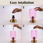 Mid Century Glass Table Lamp,Dimmable Desk Lamp,LED Bulb Included,Touch Control & USB A+C Port,Pink Ribbed Glass