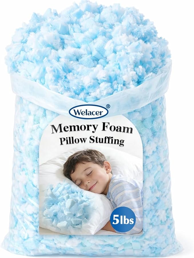 5lbs Pillow Stuffing, Shredded Memory Foam and Polyfill Filling, Adjustable Bean Bag Filler Replacement for Couch Cushion, Comfortable Support for Kids Sleep