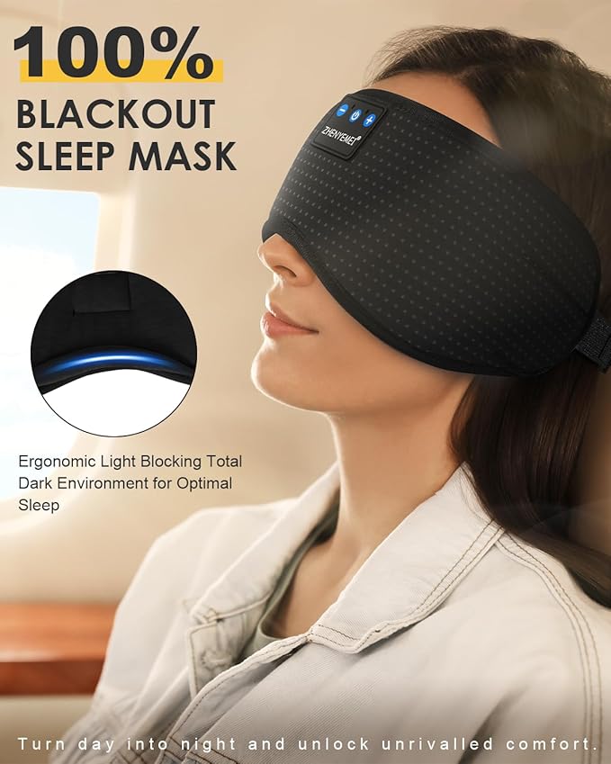 Bluetooth Sleep Headphones Sleep Mask | Breathable Eye Mask for Sleeping | 16hrs Playingtime | Light Blocking Eye Mask |Wireless Music Eye Mask | Best for Sleeper | Travel |Black