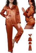 WJing Yi Jia 5Pcs XS-XXL Womens Silk Satin Pajamas Sets Long Pj Sets Button Down Pjs Set Loungewear Sleepwear
