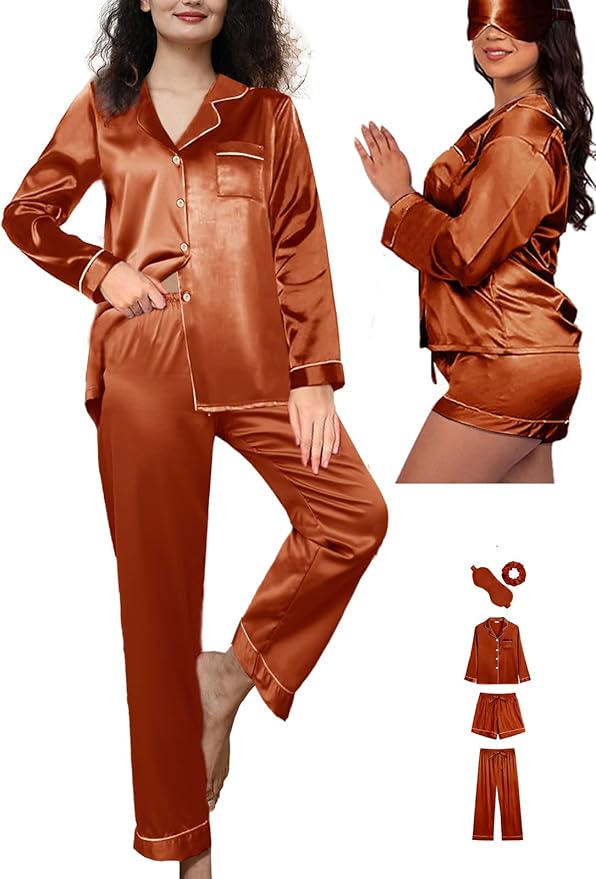 WJing Yi Jia 5Pcs XS-XXL Womens Silk Satin Pajamas Sets Long Pj Sets Button Down Pjs Set Loungewear Sleepwear