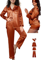 WJing Yi Jia 5Pcs XS-XXL Womens Silk Satin Pajamas Sets Long Pj Sets Button Down Pjs Set Loungewear Sleepwear