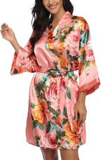 Floral Silk Robes for Women Kimono Satin Short Bath Robe Bridal Dressing Gown Bride Bridesmaids Lightweight Bathrobes