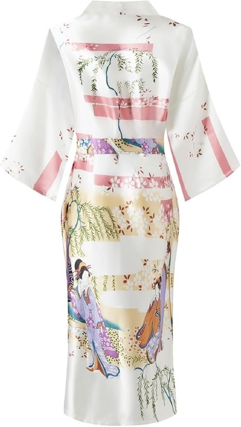Valennia Women Long Silky Bathrobe Satin Kimono Robe Floral Printed Dressing Gown Sleepwear