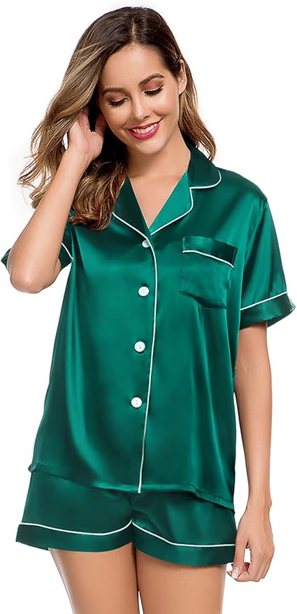 LecGee Womens Silk Satin Pajamas Short Sleeve Loungewear Two-Piece Sleepwear Button-Down Pj Set