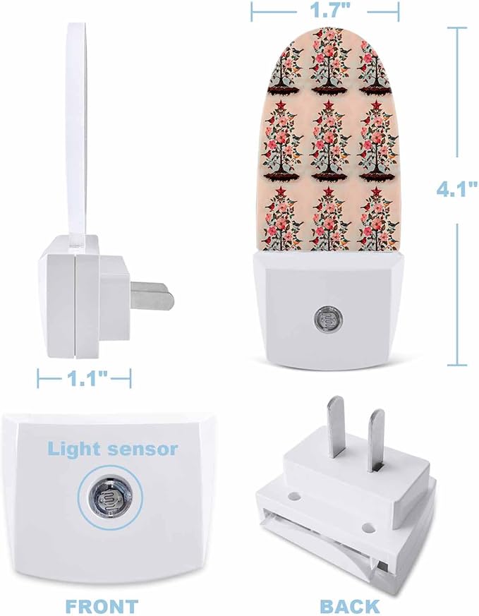 Winter Christmas Tree Light Peach Flower Night Light Plug into Wall, Red Star Leaf Bird Pastoral Popsicle Shape Night Light LED Nightlight with Light Sensors for Kids Bedroom Hallway