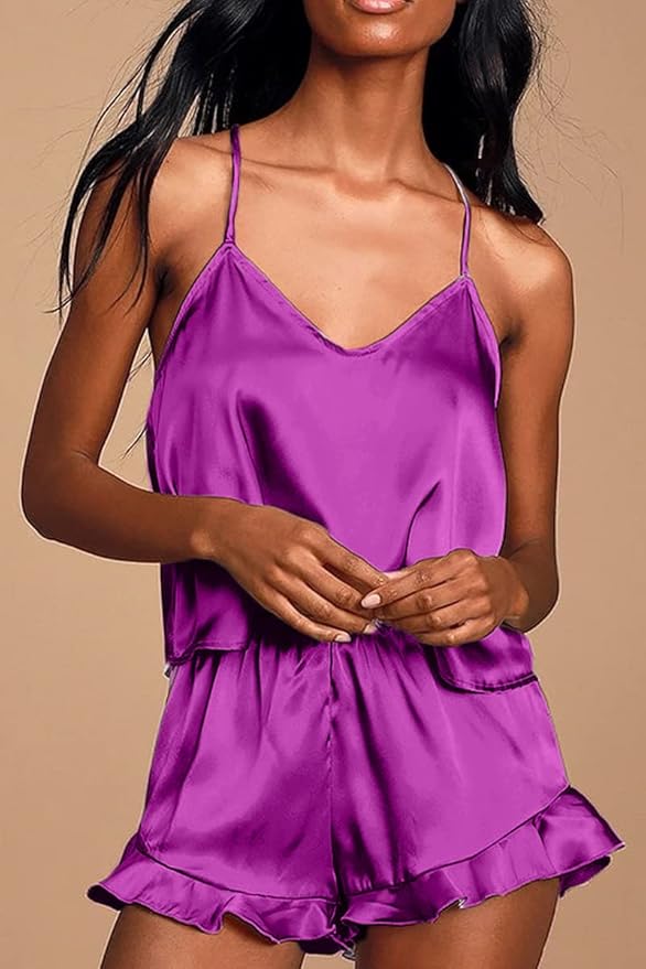 CHYRII Women's Sexy Silk Satin Ruffled Pajamas Sets Cami Shorts Sets Sleepwear