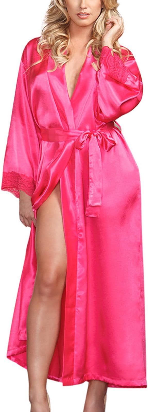 Women Kimono Robes Sexy Silk Satin Long Bathrobe Lightweight Soft Nightgown Elegant Sleepwear V-Neck Loungewear Pjs
