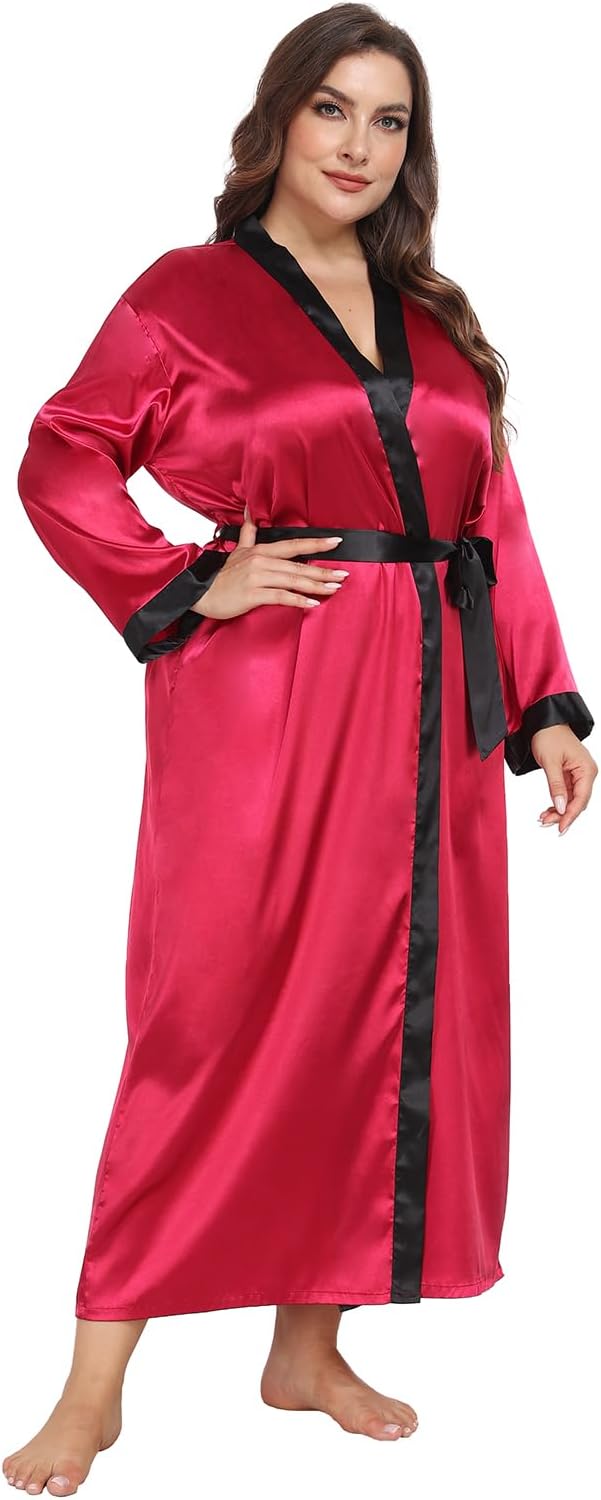 Womens Plus Size Silky Satin Kimono Robe Floral Long Bathrobe Wedding Sleepwear Dressing Gown