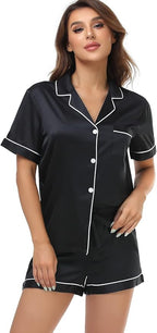 Serenedelicacy Women's Satin Pajama Set 2-Piece Sleepwear Loungewear Button Down Short Sleeve Silky PJ Set