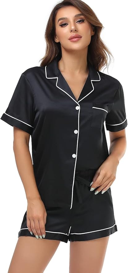 Serenedelicacy Women's Satin Pajama Set 2-Piece Sleepwear Loungewear Button Down Short Sleeve Silky PJ Set