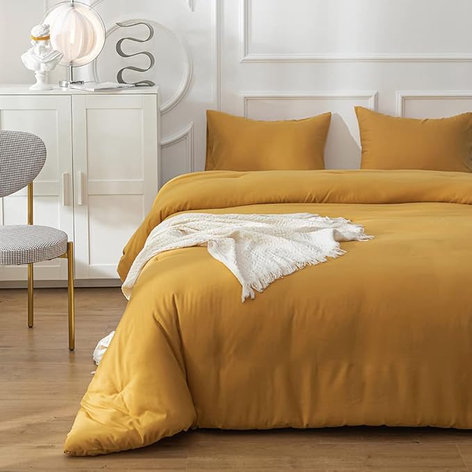 Luxlovery Mustard Yellow Comforter Set King Bedding Comforter Sets Men Women Solid Color Ginger Yellow Blanket Quilts Beathable Soft Cozy Puffy Lightweight Hotel Quailty Bedding Set