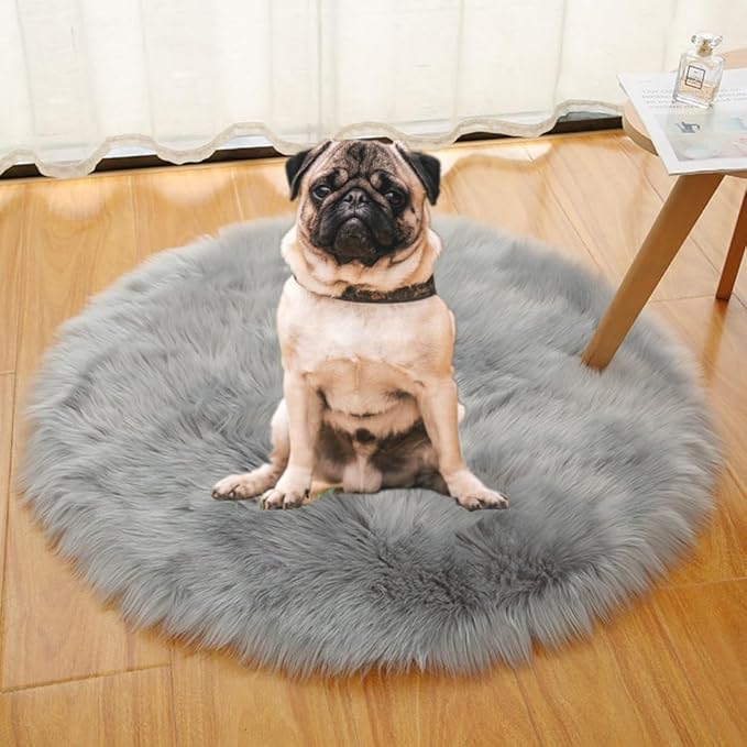 Faux Fur Round Area Rug Soft Fuzzy Carpet Fluffy Plush Mat Home Floor Decoration for Bedroom Living Room Bedside Grey 35.4inch