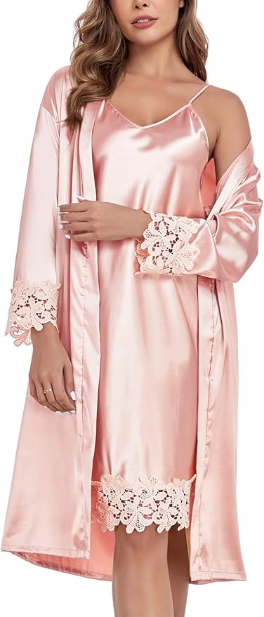 BestWendding Women's Silk Robe Set 2 Pieces Pajamas Sets Sexy Soft Satin Robe with V Neck Camisole Lingerie Nightgown