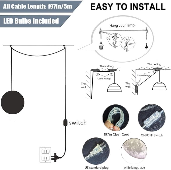 Plug-in Moon Pendant Light, Hanging Lamp with Switch & Cord, 3-Color Dimmable LED Ceiling Lamp for Kids’ Bedroom or Nursery, White Lunar Night Light (Warm,Neutral,White,LED Bulb Included)