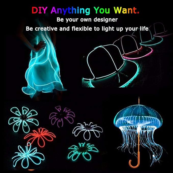 JIGUOOR EL Wire Battery Pack 9.8ft / 3m Bright Neon Light Strip 360° Illumination Neon Tube Rope Lights for DIY, Festival, Party Decoration, Pub, Halloween, Chrismas (9.8ft / 3m, Light Green)