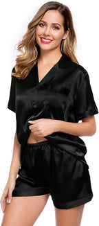 LecGee Womens Silk Satin Pajamas Short Sleeve Loungewear Two-Piece Sleepwear Button-Down Pj Set