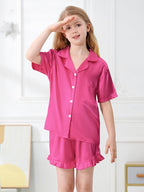 Umeyda Girls & Women Satin Pajamas Set Button Down 2 Piece Silk Pjs Shorts Set Ruffle Sleepwear, 5 Years-Women L
