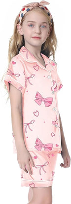 Umeyda Women & Girls Pajamas Set, Soft Satin Lightweight Silk Button-Down Top with Shorts 2 Piece PJS for Mom Boys Kids Gifts