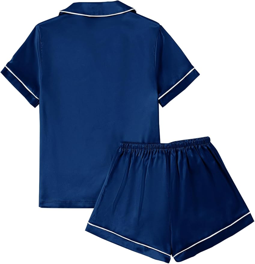 LYANER Women's Silky Satin Pajamas Set Short Sleeve Button Down Shirt With Shorts Pjs Set Sleepwear