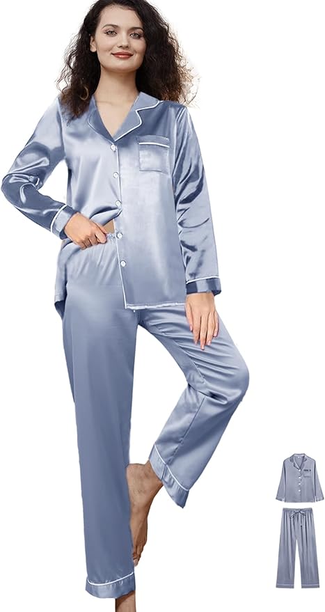WJing Yi Jia 3Pcs Satin Pajama Sets For Women XS-3XL Womens Silk Pajamas Set Silky Sleepwear Nigtwear Loungewear Long Pj Set