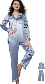 WJing Yi Jia 3Pcs Satin Pajama Sets For Women XS-3XL Womens Silk Pajamas Set Silky Sleepwear Nigtwear Loungewear Long Pj Set