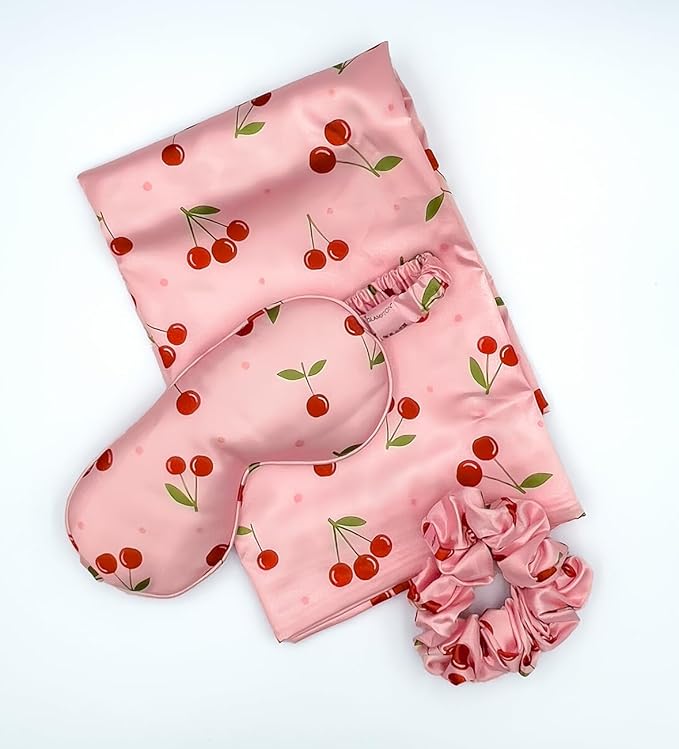 Slumber Satin Beauty Sleep Set, Cherry, 3-Piece Set with Pillowcase, Eye Mask, and Scrunchie