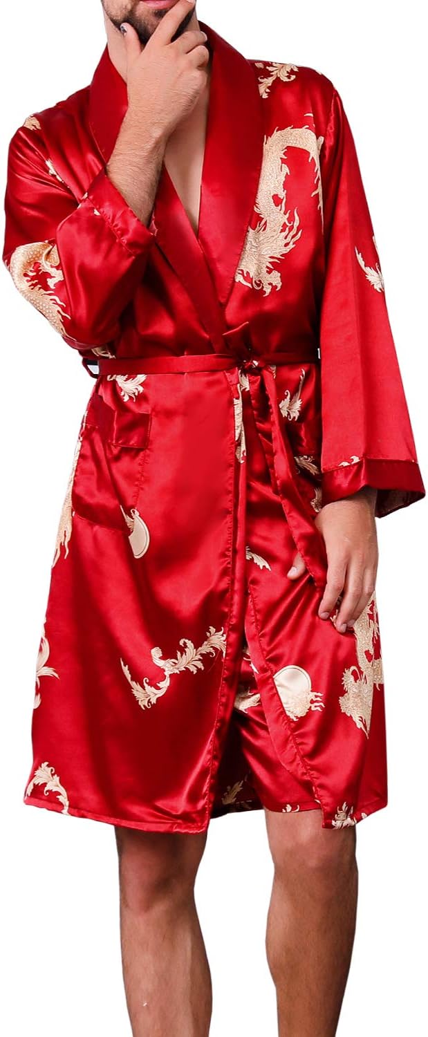 Mens Satin Robe,Silk Long Sleeve House Kimono Bathrobe,Soft Loungewear Dragon Robe