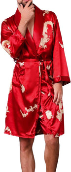 Mens Satin Robe,Silk Long Sleeve House Kimono Bathrobe,Soft Loungewear Dragon Robe