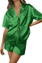 CHYRII Women's Silk Satin Pajamas Sets Tie Front Short Sleeve Tops and Shorts Two Piece Pj Sets Sleepwear