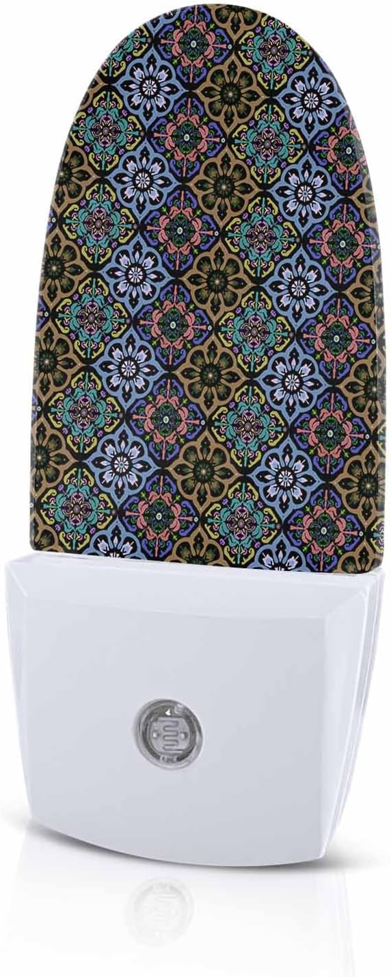 Night Light Plug into Wall, Floral Flowers Line Art Vintage Baroque National Purple Peach Green Brown Blue Popsicle Shape Night Light LED Nightlight with Light Sensors for Kids Bedroom Hallway
