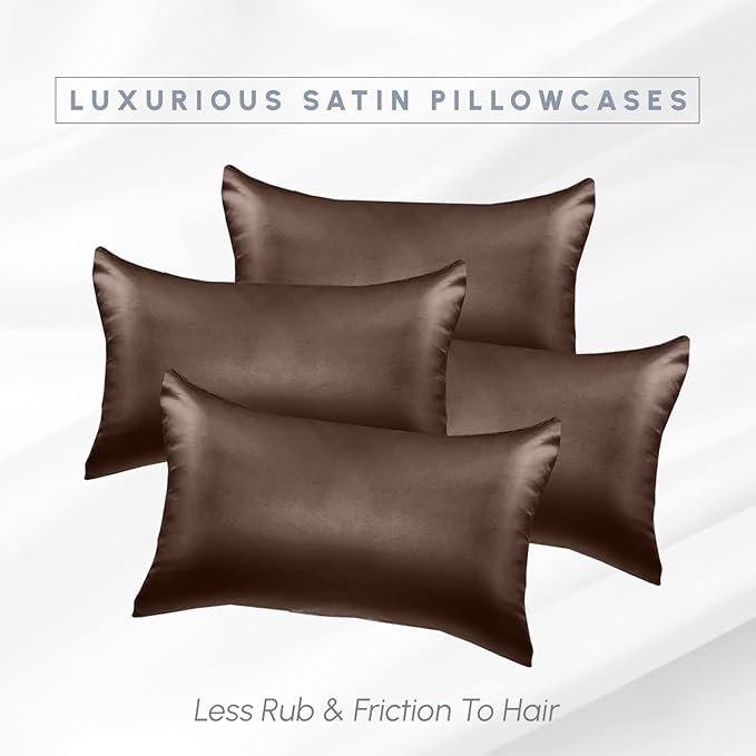Elegant Comfort 4-PACK Chocolate Brown Satin Pillowcase Set with Hidden Zipper closure, Silky Smooth for Hair and Skin Care-Beautiful Gift Box-4-Piece Satin Pillowcases, Standard/Queen
