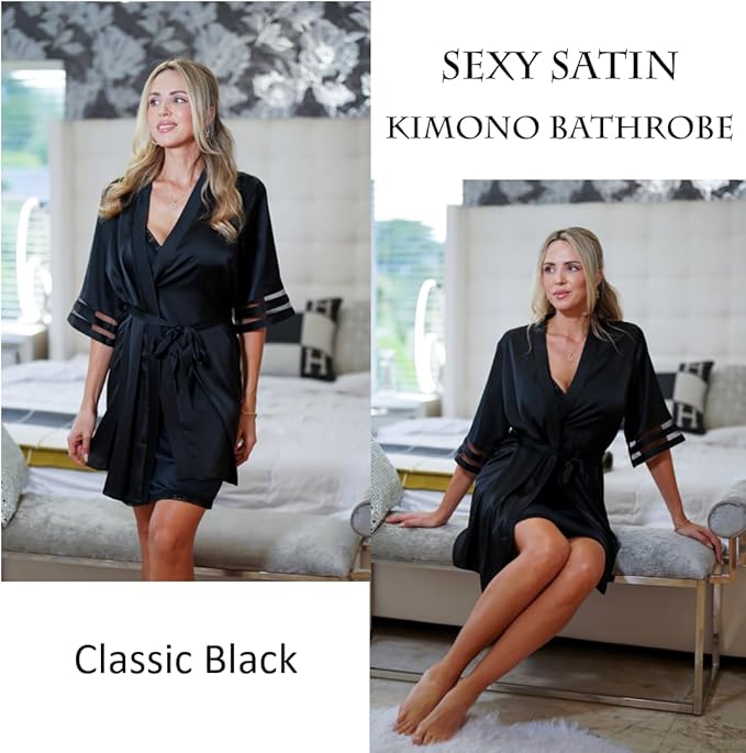 Ekouaer Women's Satin Robe Silk Kimono Bathrobe Bridesmaid Wedding Bridal Party Robes 3/4 Bell Sleeve Sleepwear S-XXL