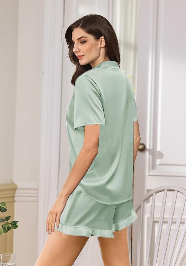 WJing Yi Jia Ruffle Pajama Sets For Women XS-4XL Womens Silk Satin Pajamas Set Silky Sleepwear Pj Sets Nightwear Loungewear